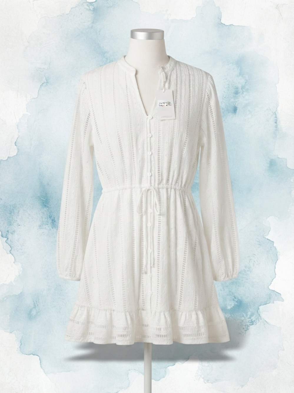 Forever That Girl White Eyelet Button-Front Drawstring Mini Dress Long Sleeve